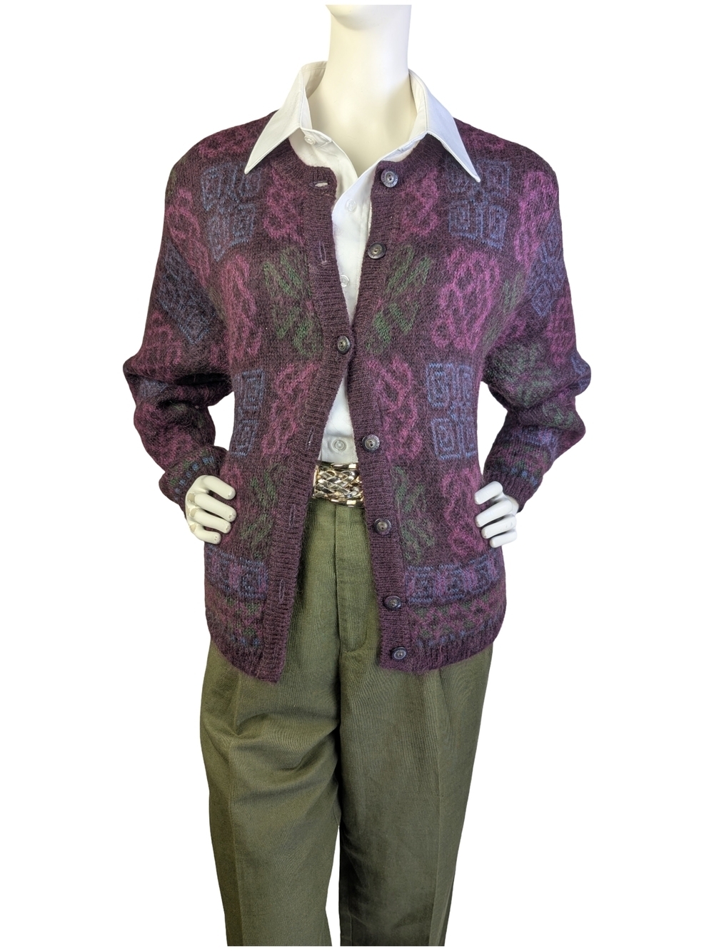 Mohair Blend Abstract Cardigan Sweater Purple Blue Green Button Front | Fits M/L